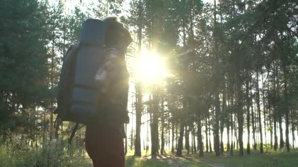 Feliz Joven Con Mochila Regocijándose Viaje Campamento Verano Bosque Lento — Vídeo de stock