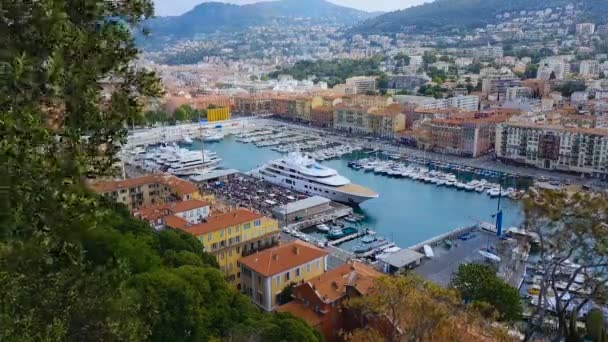 Nizza Porto Con Molti Yacht Bianchi Lusso Barche Trasporto Acqua — Video Stock