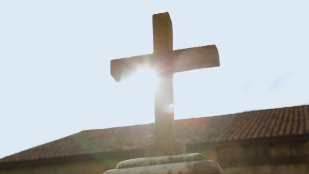 Sunlit Stone Cross Christian Religion Symbol Blessing Faith Powerful God — Stock Video