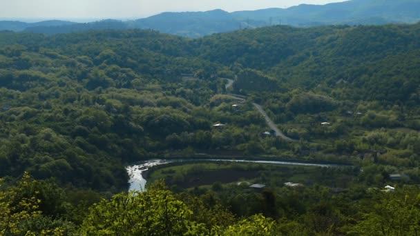 Caucasus Táj Légi Panoráma Zöld Fák Szép Folyó Természet — Stock videók