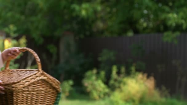 Mujer Joven Poniendo Cesta Picnic Mesa Sonriendo Cámara Ama Casa — Vídeos de Stock