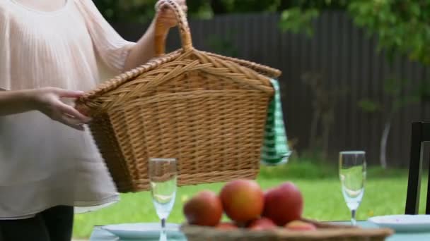 Hübsche Dame Stellt Picknickkorb Auf Den Tisch Mann Umarmt Sie — Stockvideo