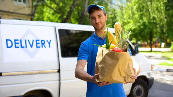 Leverans Företag Arbetare Håller Matkassen Matbeställning Stormarknad Service — Stockfoto