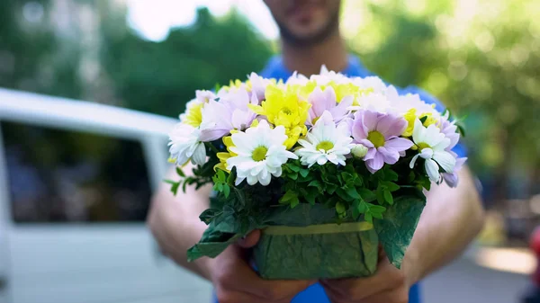 Mensageiro Masculino Mostrando Presente Flores Serviço Entrega Florística Surpresa Romântica — Fotografia de Stock