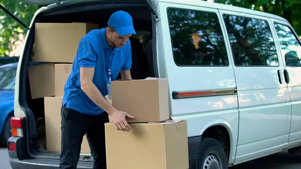 Courier Taking Boxes Out Delivery Van Moving Company Goods Shipment — Stock Photo, Image