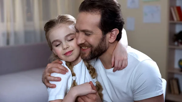 Loving Father Hugging His Little Pretty Daughter Family Care Happy — Stock Photo, Image