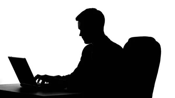 Geschäftsmann Silhouette Arbeit Laptop Computer Tippen Bericht Technologien — Stockfoto