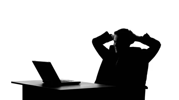 Silueta Blanco Negro Del Hombre Leyendo Buenas Noticias Ordenador Portátil —  Fotos de Stock