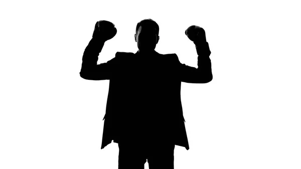 Business Person Silhouette Boxing Gloves Celebrating Successful Deal Emotion — Stock Photo, Image