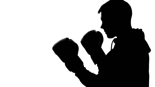 Dunkle Männliche Silhouette Kapuze Attackiert Gegner Schattenboxen Selbstverteidigung — Stockfoto