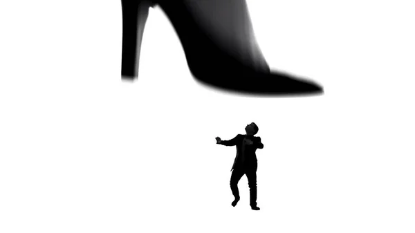 Женская Нога Высоких Каблуках Наступает Маленького Слабого Мужчину Женщина Доминирует — стоковое фото