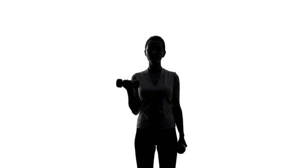 Silhueta Atleta Feminina Levantando Halteres Para Perder Peso Esporte Treino — Fotografia de Stock