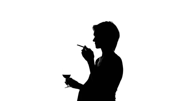 Silhouette Pregnant Woman Smoking Cigarette Drinking Glass Wine — Stock Photo, Image