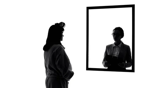 Sad Pregnant Woman Looking Mirror Imagining Herself Successful Lady Boss — Stock Photo, Image