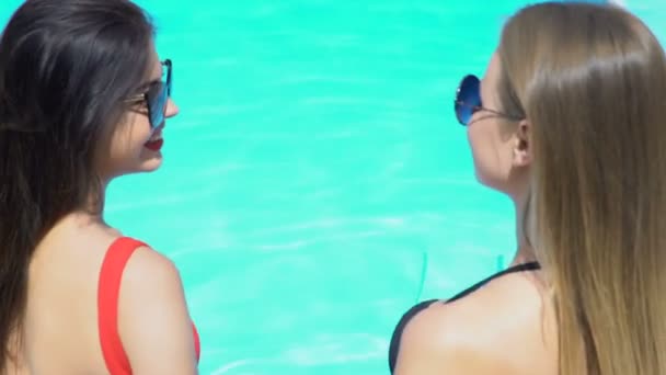 Two Happy Pretty Women Having Fun Pool Party Holding Watermelons — Stock Video