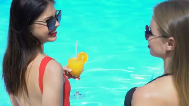 Две Привлекательные Счастливые Женщины Пьют Напитки Летней Вечеринке Бассейна — стоковое видео
