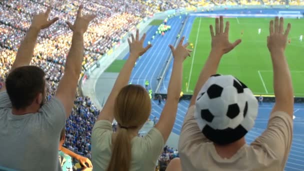 Football fans shaking fingers, cheering for national team in stadium, slow-mo