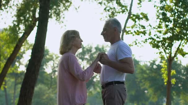 Felice Vecchia Coppia Che Tiene Mano Danza Nel Bellissimo Parco — Video Stock