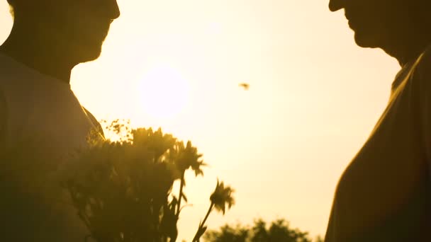 花と夕日の背景に抱いてカップル女性を提示する男 — ストック動画