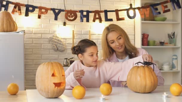 Piccola Figlia Che Mette Ragno Giocattolo Sulla Zucca Intagliata Dando — Video Stock