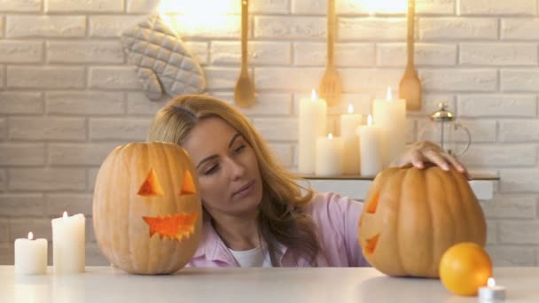 Woman Looking Pumpkins Handmade Work Preparation Halloween Slow — Stock Video