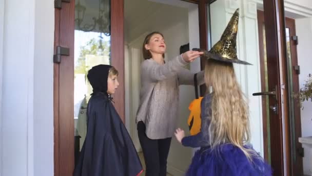 Mother Dressing Children Trick Treating Walk Halloween Holiday Kids — Stock Video