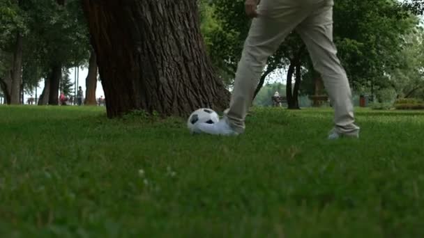 Pai Filho Jogando Futebol Accustoms Criança Para Estilo Vida Ativo — Vídeo de Stock