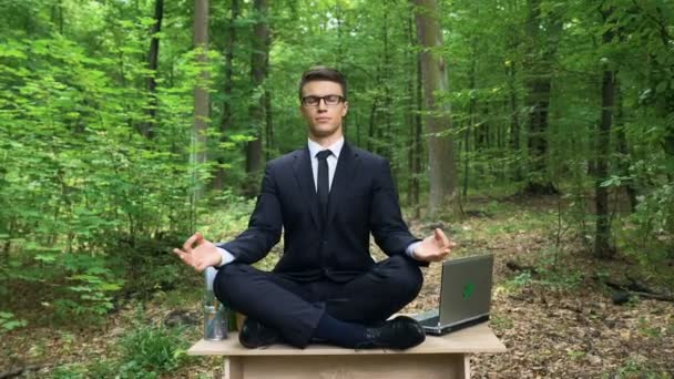 Empresario Sentado Escritorio Meditando Aire Libre Bosque Inspiración — Vídeos de Stock