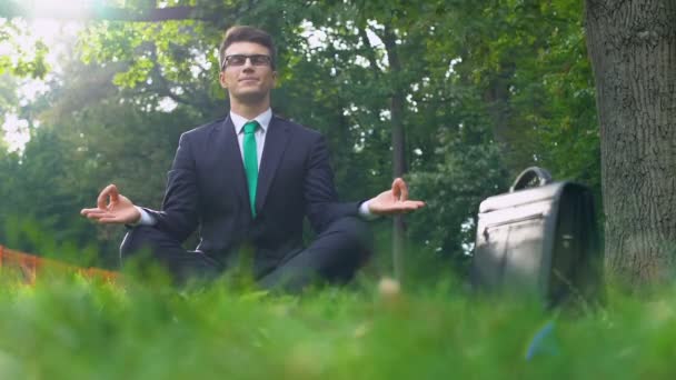 Empresário Sentado Grama Meditando Fresco Energia Natureza — Vídeo de Stock