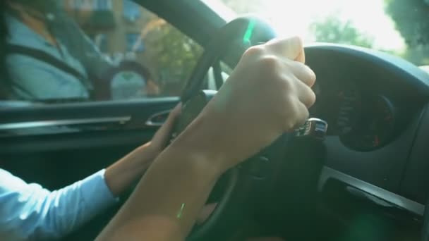 Closeup Businesswoman Hands Holding Steering Wheel Lady Driving Work — Stock Video