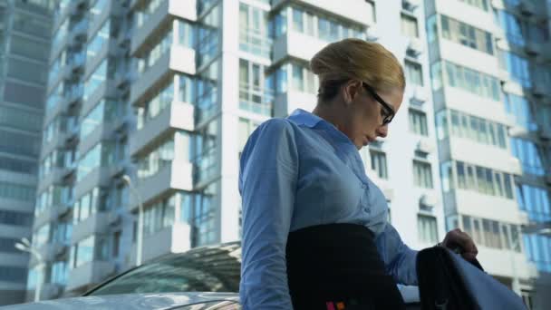 Businesslady Checking Time Clock Waiting Partner Who Late Meeting — Stock Video