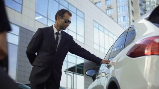 Personal Driver Meeting Opening Car Door Lady Boss Bodyguard Duties — Stock Video