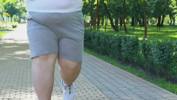 Kövér Ember Megáll Visszaállítására Légzés Kocogás Parkban Küzdenek Túlsúllyal — Stock videók