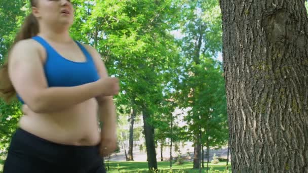 体重超标的女孩靠在树上 慢跑后累了 每天在户外锻炼 — 图库视频影像