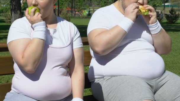 Chica Gorda Feliz Comiendo Manzana Después Del Entrenamiento Riéndose Hombre — Vídeos de Stock