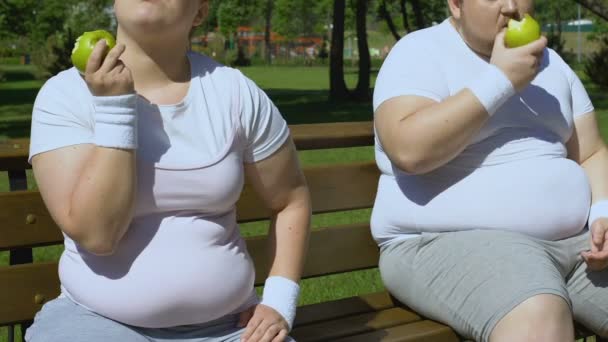 Übergewichtige Paare Essen Saftige Äpfel Nach Dem Training Gesunde Zwischenmahlzeit — Stockvideo