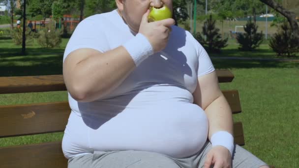 Hombre Regordete Comiendo Manzana Sentado Banco Bocadillo Bajo Calorías Saludable — Vídeo de stock