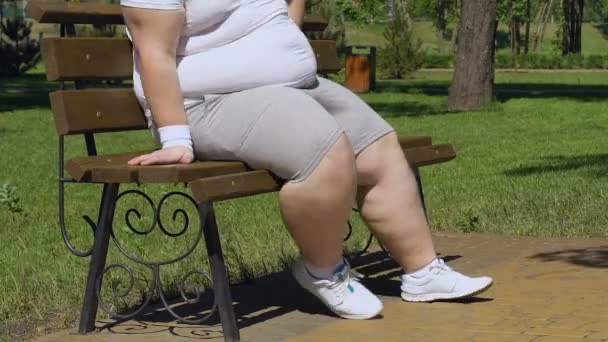 Exhausted Plump Male Sits Bench Restore Breath Continues Running — Stock Video