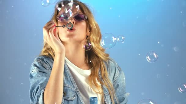 Happy Teenage Girl Blowing Soap Bubbles Enjoying Her Little Pranks — Stock Video