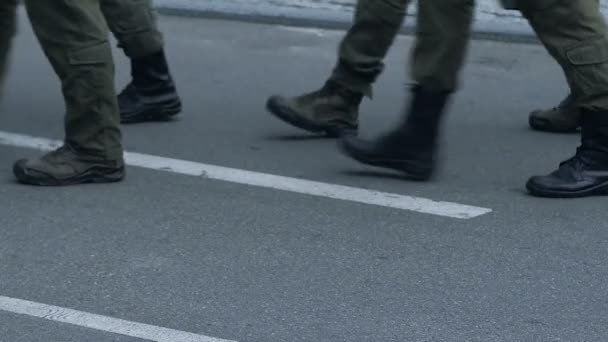 Detachment Soldiers Marching Parade Policemen Patroling City Safety — Stock Video