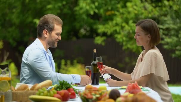 Selbstbewusstes Ehepaar Das Weingläser Aufrichtet Hausratversicherung — Stockvideo