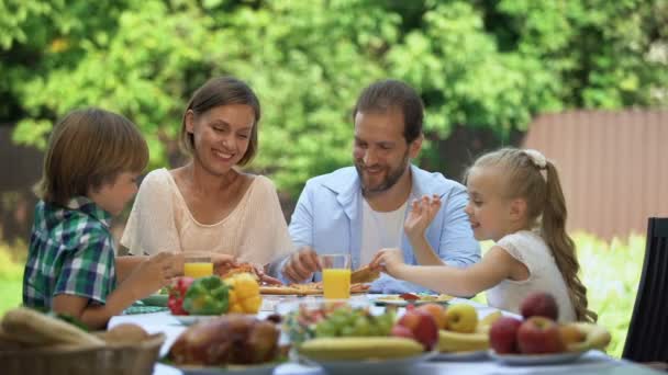 Enjoying Taste Fresh Baked Pizza Family Dining Together Food Delivery — Stock Video