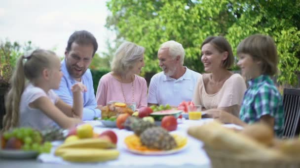 Família Grande Conversando Durante Jantar Livre Aproveitando Tempo Juntos Celebração — Vídeo de Stock