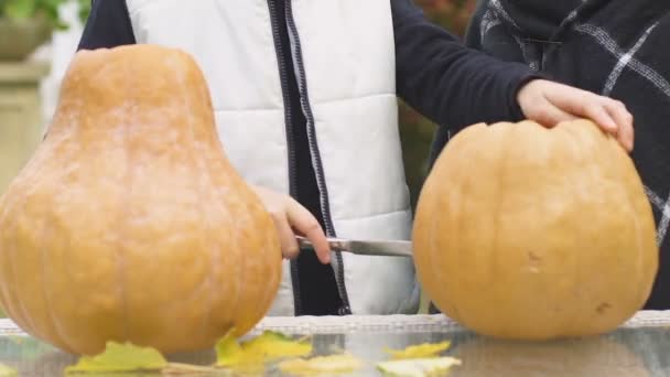 Çocuklar Eğlenceli Aile Gelenekleri Olan Halloween Balkabağı Fener Hazırlanıyor — Stok video