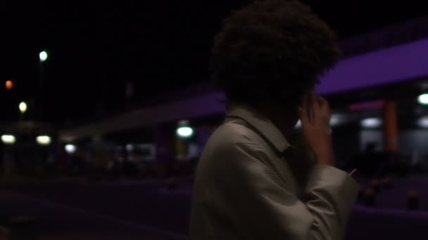 Cheerful Woman Talking Phone Waiting Transport Bus Station Night City — Stock Video