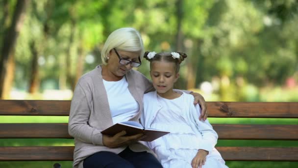 Cuidado Abuelita Leyendo Cuento Hadas Lindo Nieta Sentado Banco Parque — Vídeos de Stock