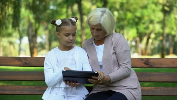 小女孩和奶奶在公园里的平板电脑上滚动 网上购物应用 — 图库视频影像