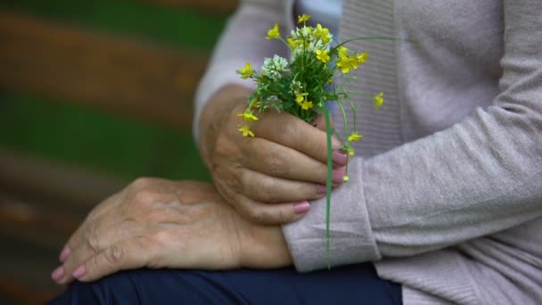 Zdenerwowany Starsza Kobieta Patrząc Bukiet Kwiatów Pola Ramionach Wspomnienia — Wideo stockowe