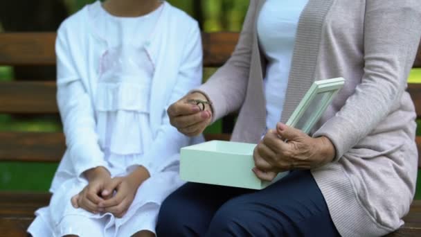 Grandmother Giving Family Ring Her Granddaughter Telling Story Valuable Gift — Stock Video