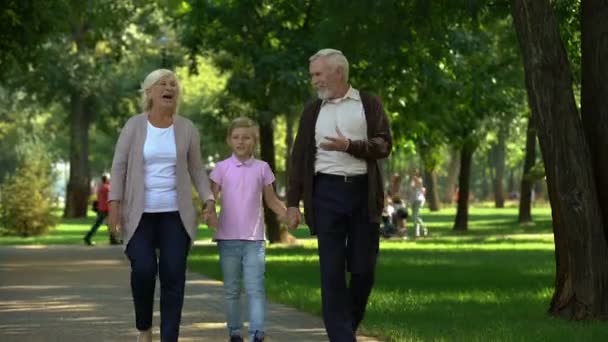 小男孩和爷爷奶奶在公园散步 周末参观 快乐的时光在一起 — 图库视频影像